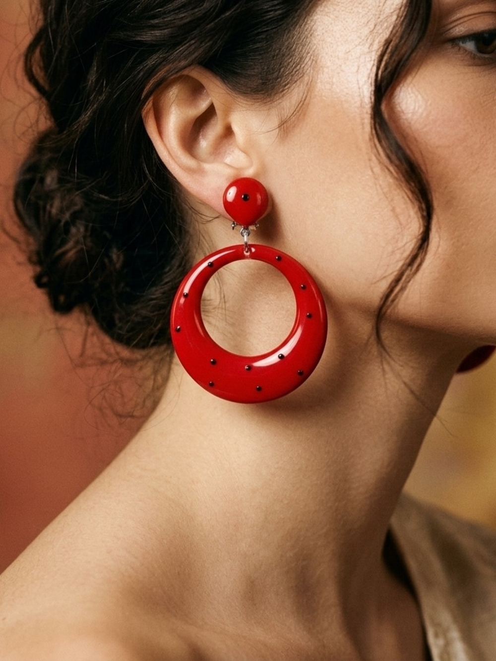 Vtg Flamenco Clip On Earrings Red Black Polka Dot Made in Spain Sevillanas Hoop